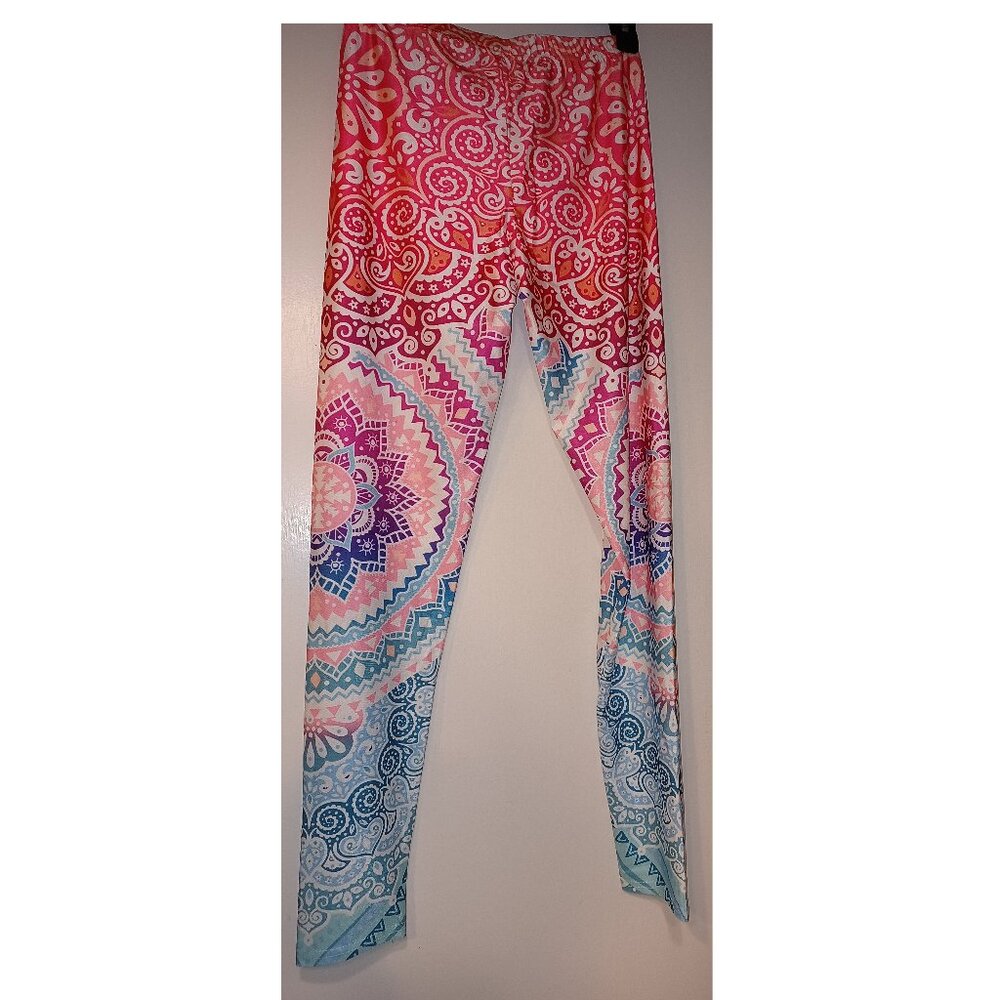 NWT Leggings with Mandala Pattern in Pink Orange Aqua & White Way Cool & Slinky